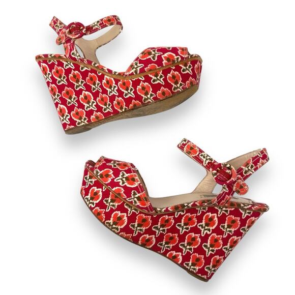 Prada Vintage Le Voyageur Collection 2012 Floral Wedge Platform Sandals Red 40.5 - Picture 9 of 16